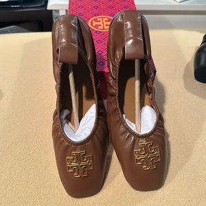 Tory Burch Brown Leather Logo Ballet Flats